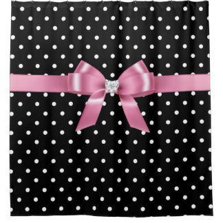 Glam Pink Bow-White Polka Dots Black Duschvorhang