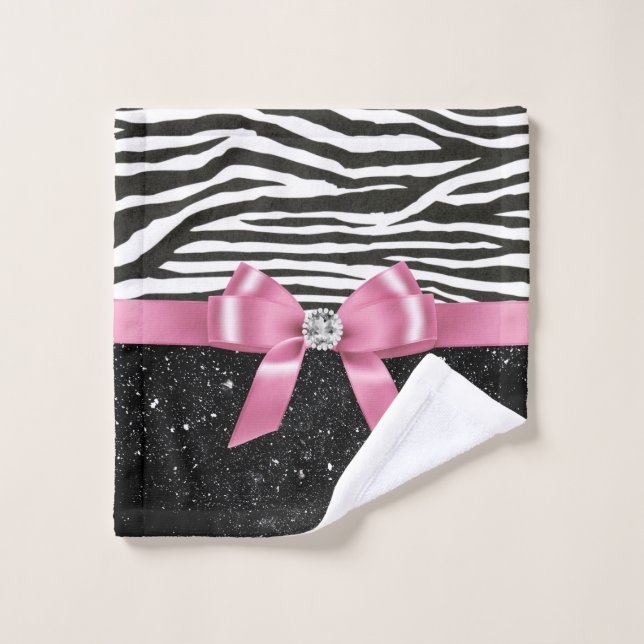 Glam Pink Bow-Zebra Print-Black Sparkle Badhandtuch Set (Waschlappen)