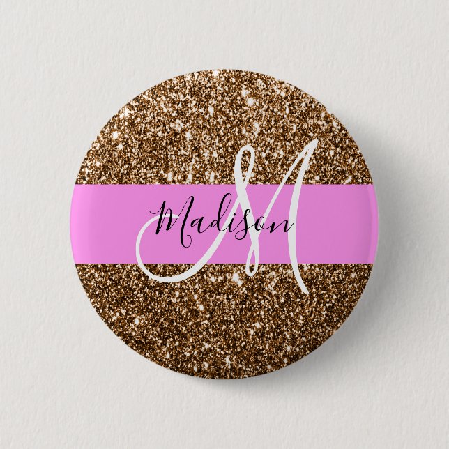 Glam Pink & Bronze Glitzer Glitzern Monogram Name Button (Vorderseite)