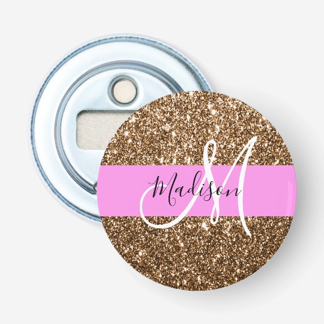 Glam Pink & Bronze Glitzer Glitzern Monogram Name Flaschenöffner (Vorderseite)