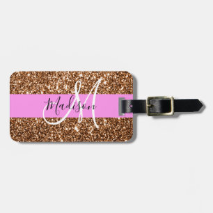Glam Pink & Bronze Glitzer Glitzern Monogram Name Gepäckanhänger
