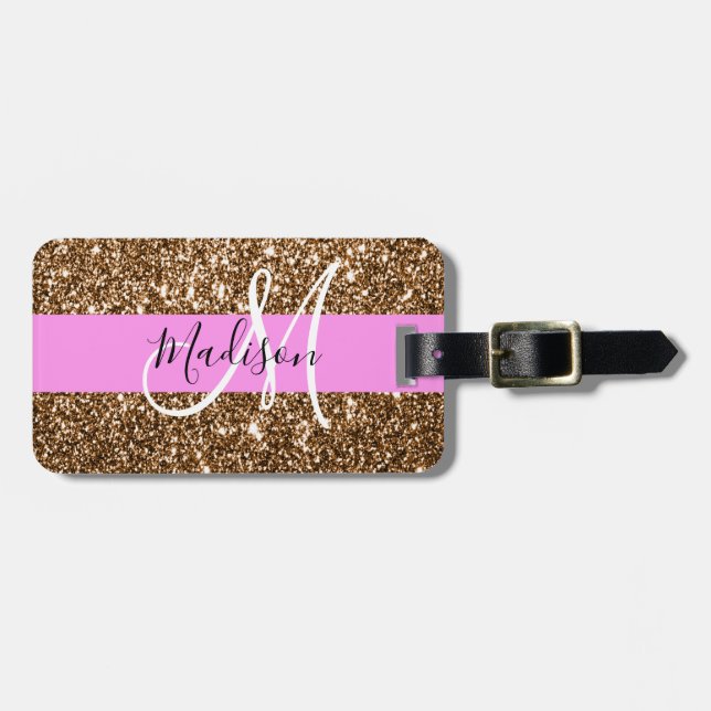 Glam Pink & Bronze Glitzer Glitzern Monogram Name Gepäckanhänger (Vorderseite horizontal)