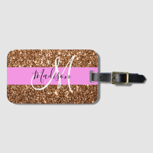 Glam Pink & Bronze Glitzer Glitzern Monogram Name Gepäckanhänger