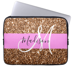 Glam Pink & Bronze Glitzer Glitzern Monogram Name Laptopschutzhülle