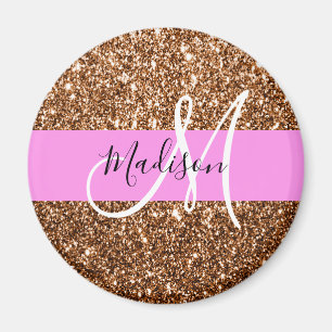 Glam Pink & Bronze Glitzer Glitzern Monogram Name Magnet