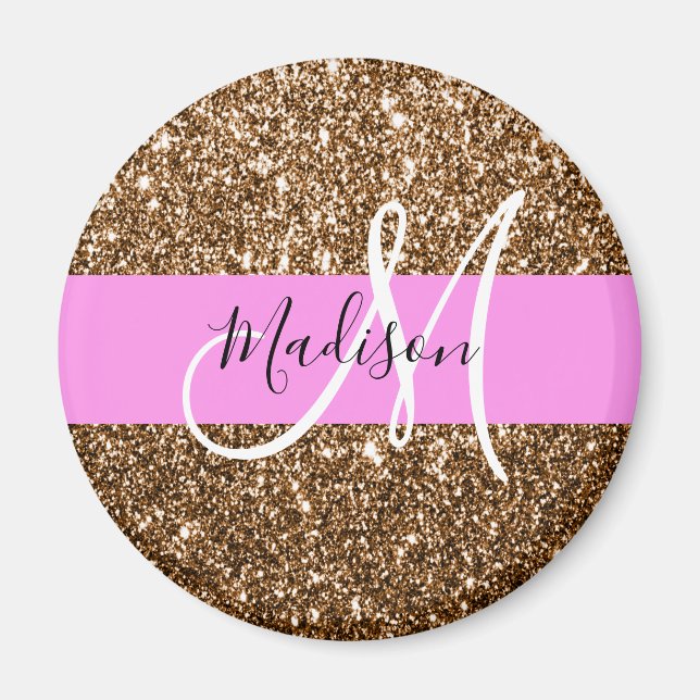 Glam Pink & Bronze Glitzer Glitzern Monogram Name Magnet (Vorne)