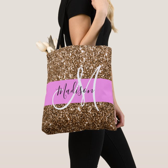 Glam Pink & Bronze Glitzer Glitzern Monogram Name Tasche (Von Nahem)