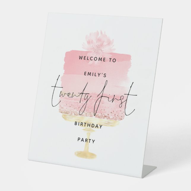 Glam Pink Cake Begrüßungsname Script 21. Party Sockelschild (Vorderseite)