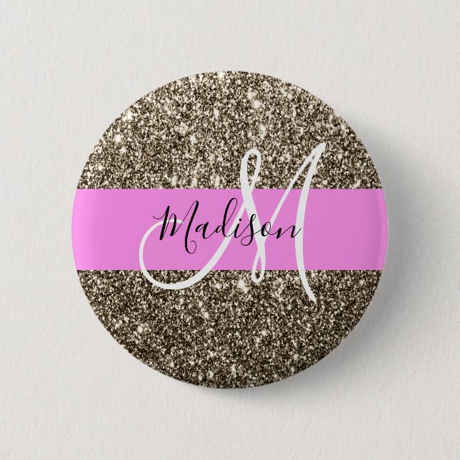 Glam Pink Champagne Gold Glitzer Sparkone Monogram Button (Vorderseite)