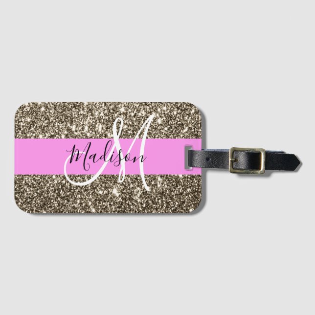 Glam Pink Champagne Gold Glitzer Sparkone Monogram Gepäckanhänger (Vorderseite (Horizontal))