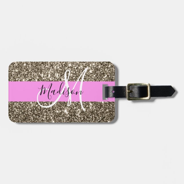 Glam Pink Champagne Gold Glitzer Sparkone Monogram Gepäckanhänger (Vorderseite horizontal)