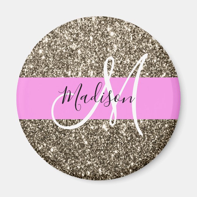 Glam Pink Champagne Gold Glitzer Sparkone Monogram Magnet (Vorne)