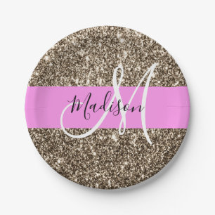 Glam Pink Champagne Gold Glitzer Sparkone Monogram Pappteller