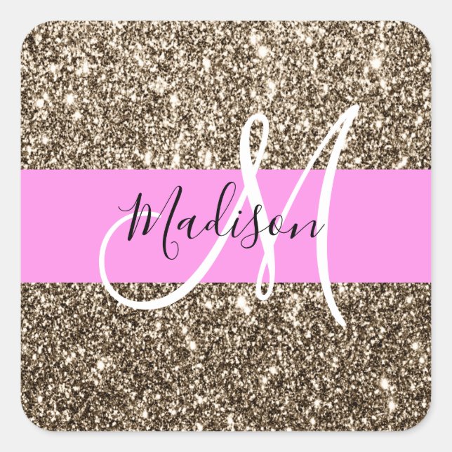 Glam Pink Champagne Gold Glitzer Sparkone Monogram Quadratischer Aufkleber (Vorderseite)