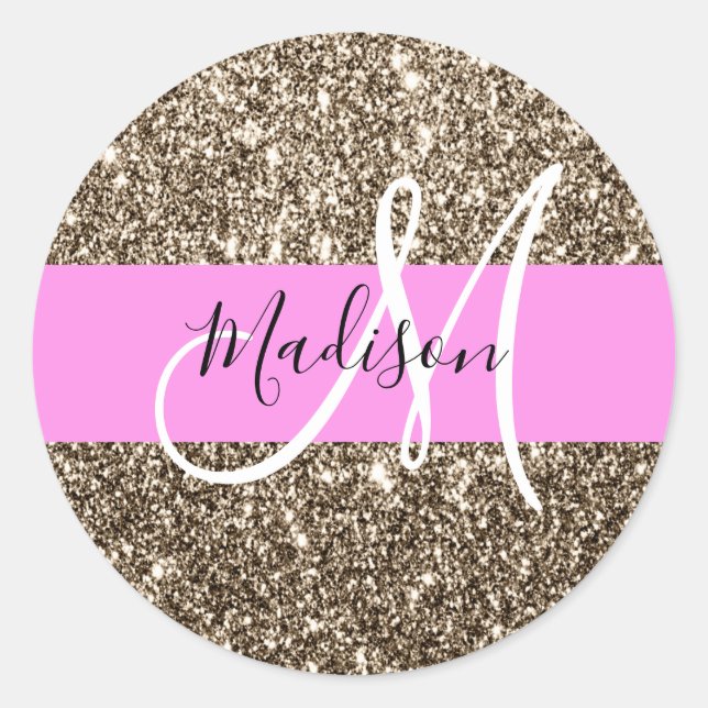 Glam Pink Champagne Gold Glitzer Sparkone Monogram Runder Aufkleber (Vorderseite)