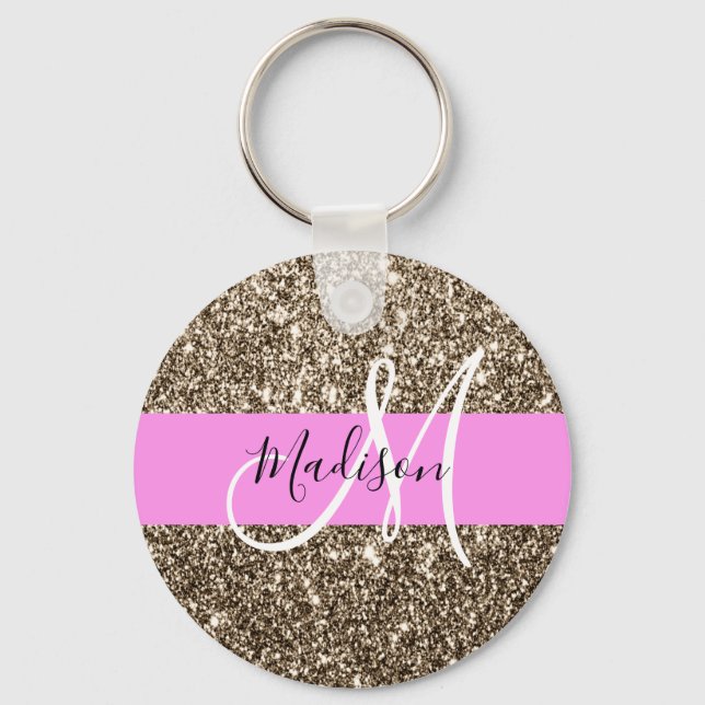 Glam Pink Champagne Gold Glitzer Sparkone Monogram Schlüsselanhänger (Vorderseite)
