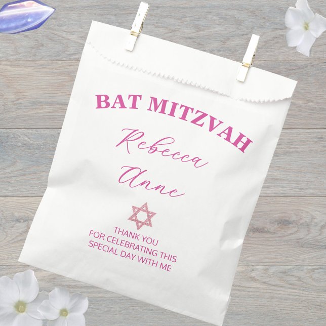 Glam Pink Chic Danke Bat Mitzvah Party Geschenktütchen (Pink glam Bat Mitzvah favor bags are easy to to customize for special treats for your guests)