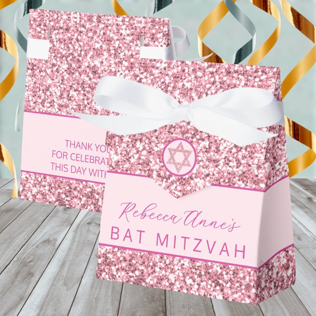 Glam Pink Chic Imitats Glitzer Bat Mitzvah Party Geschenkschachtel (These pink faux glitter Bat Mitzvah favor boxes are easy to personalize)