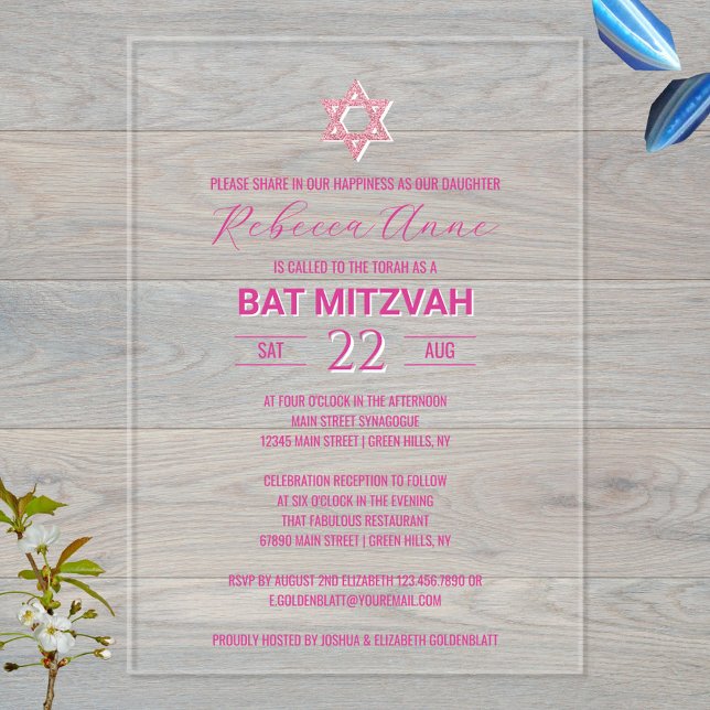Glam Pink Chic Traditionelles Elegant Bat Mitzvah Acryleinladungen (Modern clear acrylic invitations for your Bat Mitzvah party invites)