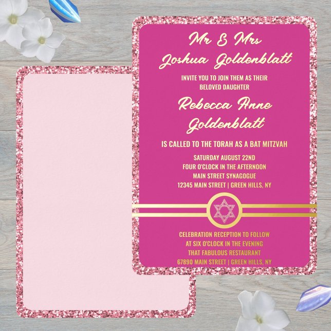 Glam Pink Classic Elegant Bat Mitzvah Gold Folieneinladung (Real gold foil printing gives these pink Bat Mitzvah invitations an elegant feel)