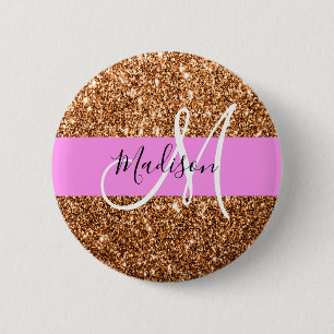 Glam Pink & Copper Glitzer Glitzern Monogramm Name Button