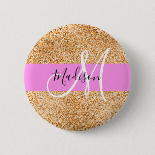 Glam Pink & Copper Glitzer Glitzern Monogramm Name Button