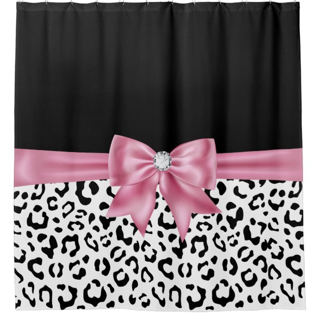 Glam Pink Diamond Bow Black Snow Leopard Duschvorhang (Vorderseite)
