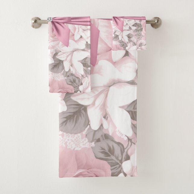 Glam Pink Diamond Bow Floral Polka Dots Badhandtuch Set (Insitu)
