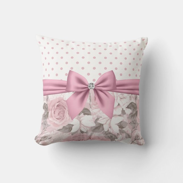 Glam Pink Diamond Bow Floral Polka Dots Kissen (Vorderseite)