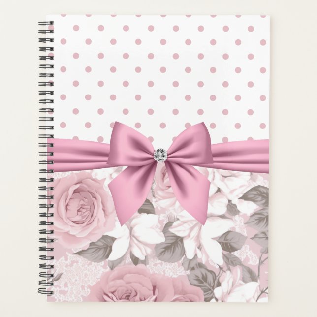 Glam Pink Diamond Bow Floral Polka Dots Planer (Vorderseite)