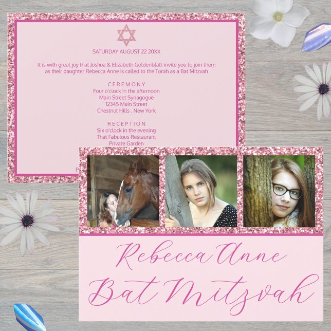 Glam Pink Elegantes Script 3 Foto Bat Mitzvah Einladung (Add your daughter's photos to these chic pink Bat Mitzvah invitations)