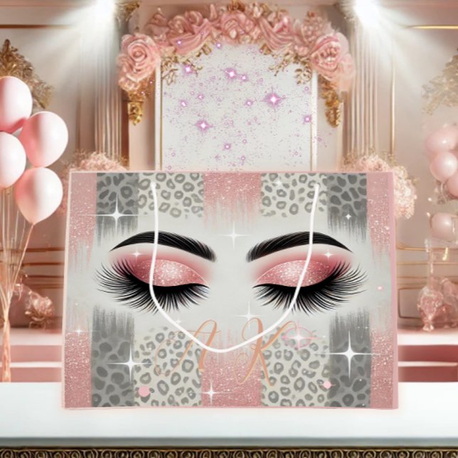 Glam Pink Glitzer Eyelashes Monogramm Große Geschenktüte (Glam pink glitter lashes monogram gift bag — perfect for birthdays, or any occasion .)