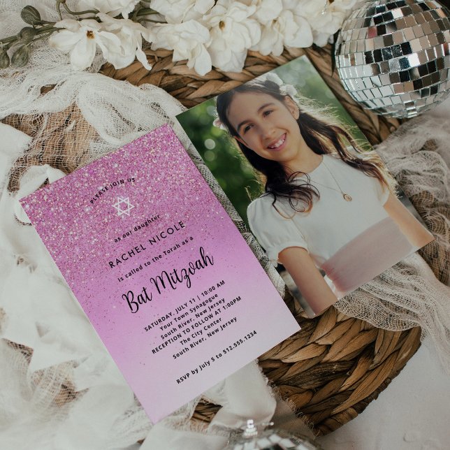 Glam Pink Glitzer Look Bat Mitzvah | Foto zurück Einladung (Von Creator hochgeladen)