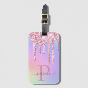 Glam Pink Glitzer Tropfen Elegante Monogramm Gepäc Gepäckanhänger