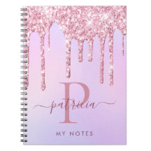 Glam Pink Glitzer Tropfen Elegantes Monogram Noteb