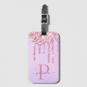 Glam Pink Glitzer Tropfen Elegantes Monogramm Gepäckanhänger