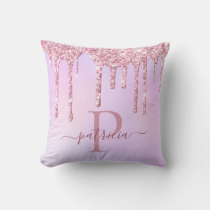 Glam Pink Glitzer Tropfen Elegantes Monogramm Kissen