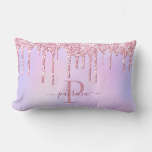 Glam Pink Glitzer Tropfen Elegantes Monogramm Lendenkissen