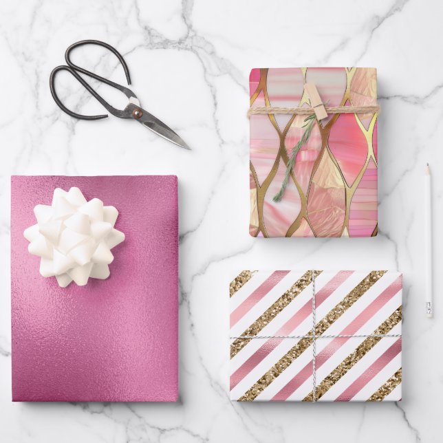 Glam Pink Glitzy Glitzer Geschenkpapier Set (Vorderseite)