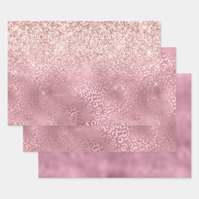Glam Pink Glitzy Glitzer Leopard Print Geschenkpapier Set (Set)