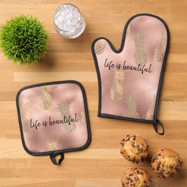 Glam Pink Gold Ananas Ofenhandschuh & Topflappen-Set (Oben Unten)