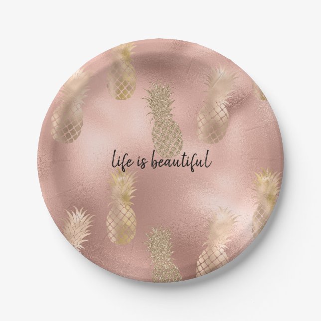Glam Pink Gold Ananas Pappteller (Vorderseite)