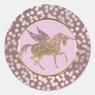 Glam Pink & Gold Glitter Fliegendes Einhorn Gesche Runder Aufkleber