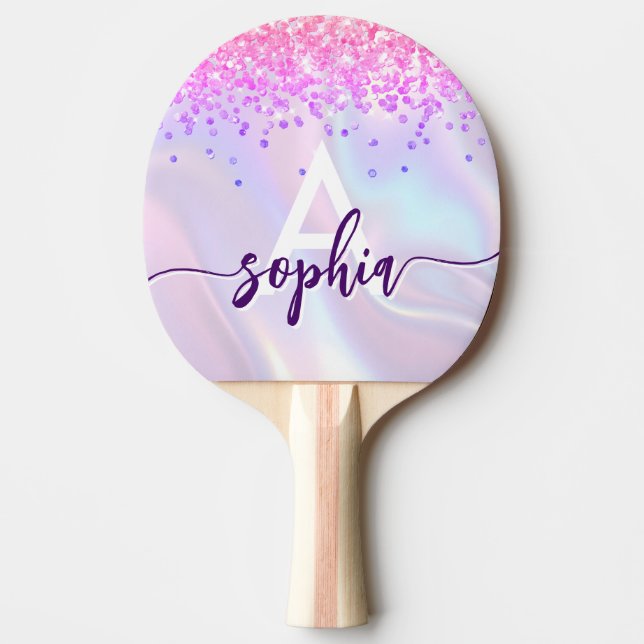 Glam Pink Gold Glitter Monogram Script Purple Tischtennis Schläger (Vorderseite)
