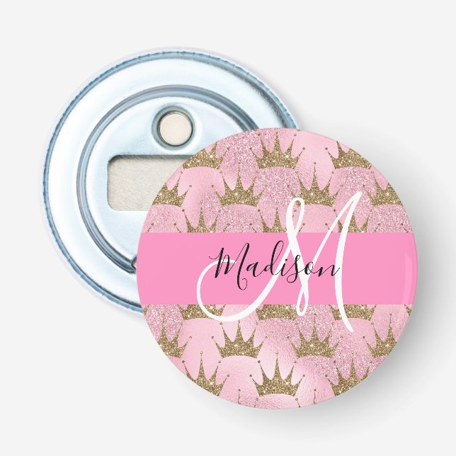 Glam Pink & Gold Glitzer Glitzern Kronen Monogramm Flaschenöffner (Vorderseite)