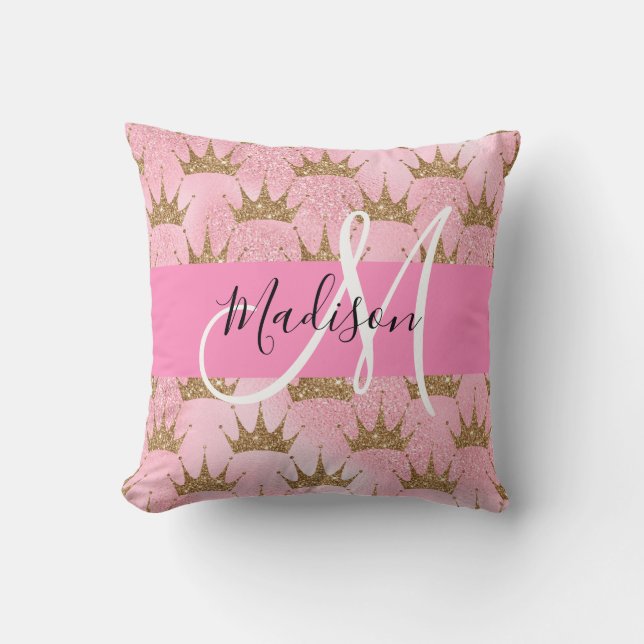 Glam Pink & Gold Glitzer Glitzern Kronen Monogramm Kissen (Vorderseite)