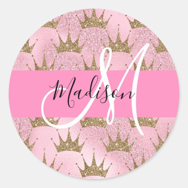 Glam Pink & Gold Glitzer Glitzern Kronen Monogramm Runder Aufkleber (Vorderseite)