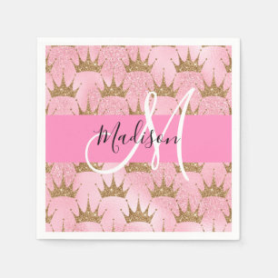 Glam Pink & Gold Glitzer Glitzern Kronen Monogramm Serviette