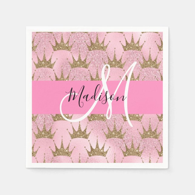 Glam Pink & Gold Glitzer Glitzern Kronen Monogramm Serviette (Vorderseite)