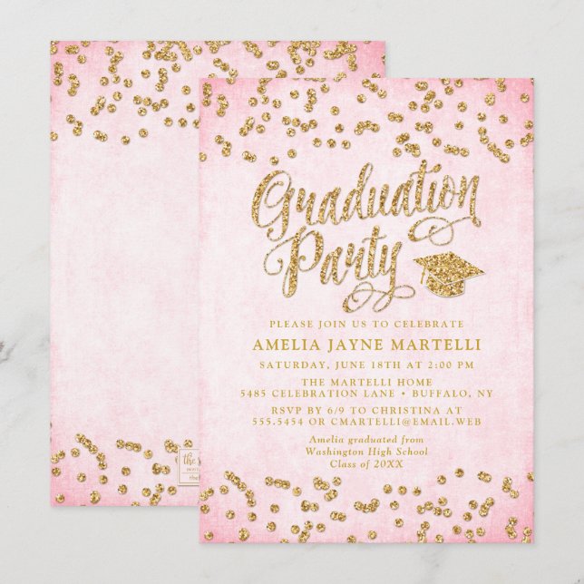 Glam Pink & Gold Glitzer Graduation Party Einladung (Vorne/Hinten)
